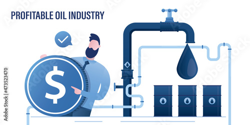 Businessman holds big dollar coin. Profitable oil industry. Pipeline, open tap with oil drop. Barrels with petrol. Oilman or trader making money. Gas industry. Petroleum extraction business.