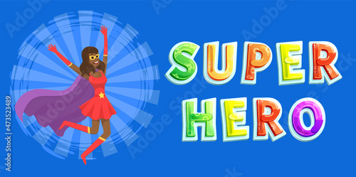 Superwoman smiling, waving hand and has superpowers. Cartoon character in superhero costume with cloak, mask and emblem stands on white background. Strong person protects people from villains