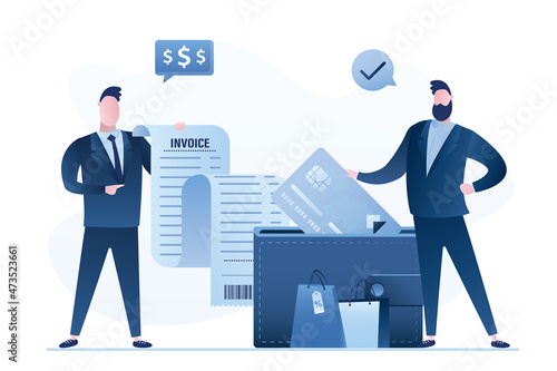 Salesman holds paper invoice. Businessman pays for purchases by credit card. Money in wallet. B2b Ecommerce. System of secure cashless payments, global transactions, nfc.