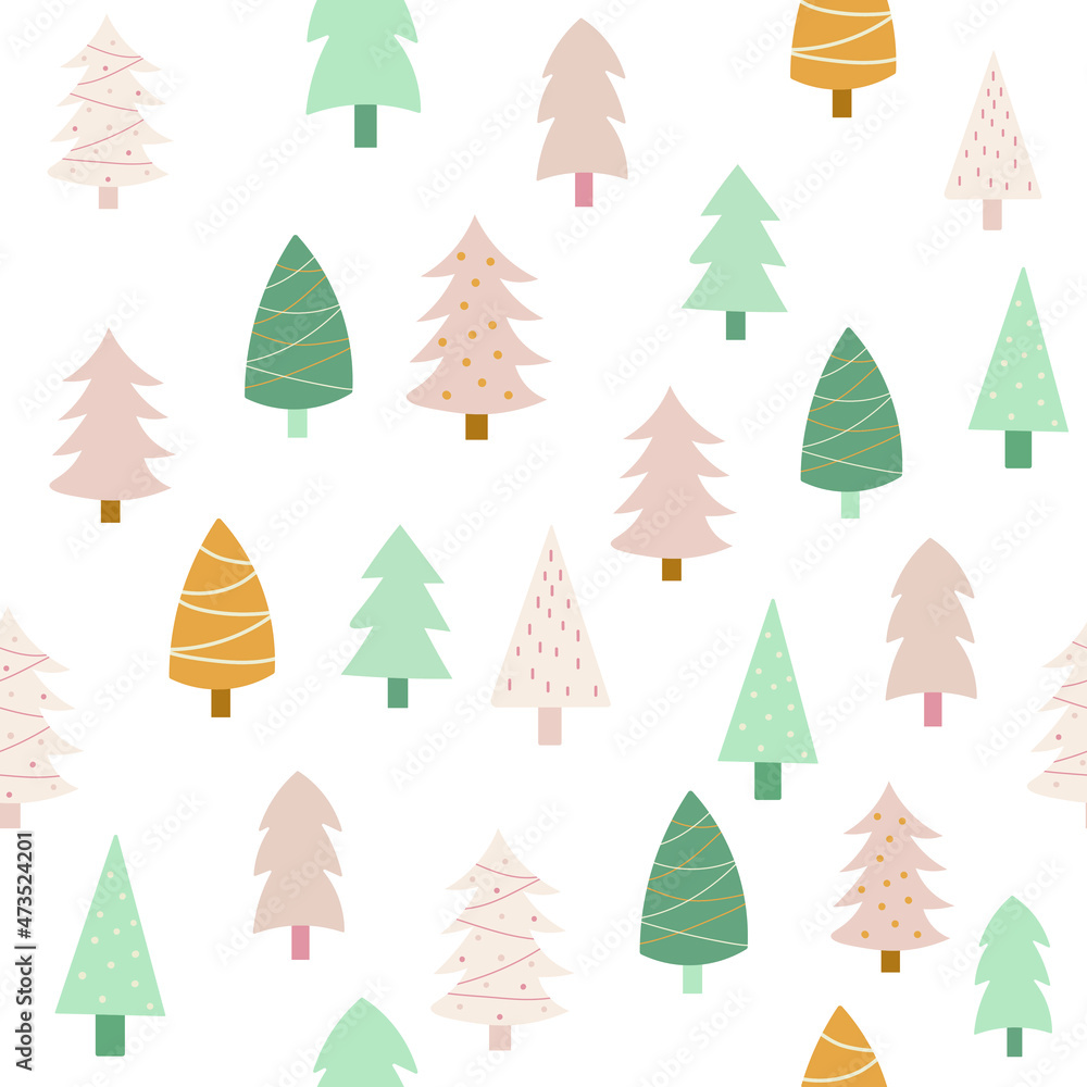 Merry Christmas seamless pattern with simple minimalist Christmas trees and Christmas trees. For greeting cards, fabric, or wrapping paper. New Year. Vector illustration.