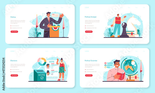 Political scientist web banner or landing page set. Studying of political ideas