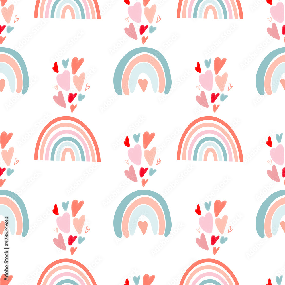 Seamless pattern of hand drawn hearts and rainbow to Valentines Day on white background Seamless pattern of hand drawn hearts and rainbow to Valentines Day on white background