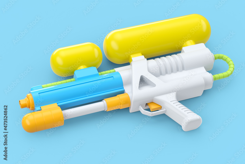 Plastic water gun toy for playing in the swimming pool isolated on blue Plastic water gun toy for playing in the swimming pool isolated on blue