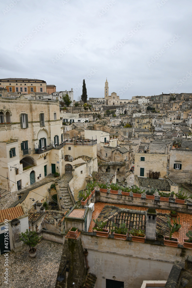 Obraz premium View of Matera, an ancient city built into the rock. It is located in the Basilicata region, Italy.