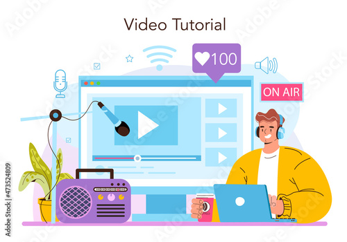 Radio host online service or platform. Idea of news broadcasting