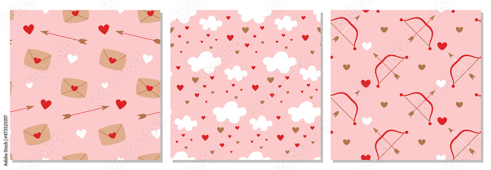 Set of seamless patterns for Valentine's Day. Hearts, arrows of cupid, messages of love.