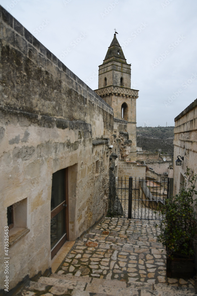 A street in Matera, an ancient city built into the rock. It is located in the Basilicata region.	