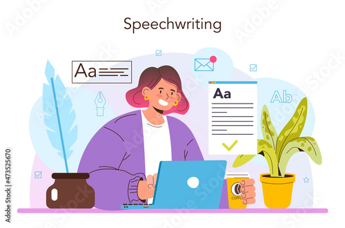 Speechwriter concept. Professional speaker or journalist write a content