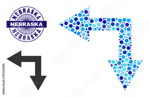Circle mosaic bifurcation arrow left down icon and NEBRASKA round grunge stamp print. Blue seal includes NEBRASKA text inside circle and guilloche ornament.