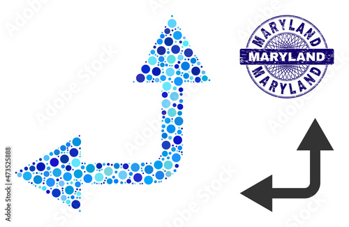 Round dot mosaic bifurcation arrow left up icon and MARYLAND round rubber stamp seal. Blue stamp seal includes MARYLAND caption inside circle and guilloche style.