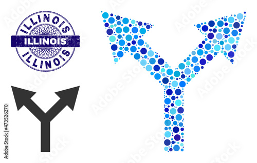 Rounded dot combination bifurcation arrow up icon and ILLINOIS round scratched seal. Blue stamp seal includes ILLINOIS tag inside circle and guilloche structure.