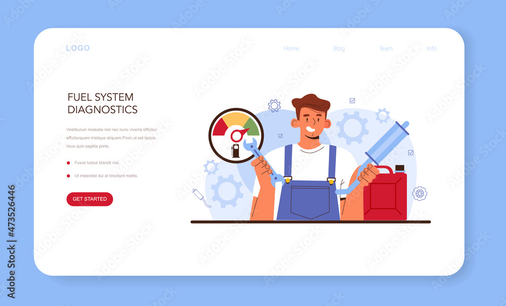 Car service web banner or landing page. Mechanic in uniform check Car service web banner or landing page. Mechanic in uniform check