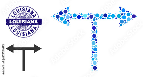 Round dot mosaic bifurcation arrows left right icon and LOUISIANA round corroded stamp. Blue seal includes LOUISIANA text inside circle and guilloche structure.