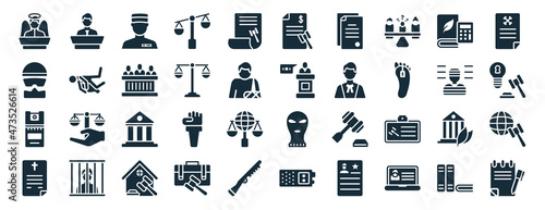 set of 40 filled law and justice web icons in glyph style such as counsel, , pepper spray, death certificate, prisoner, crime letter, tax law icons isolated on white background photo