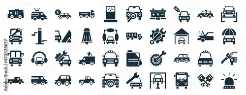 set of 40 filled mechanicons web icons in glyph style such as emergency medical vehicle, repairing bus, big bus front, truck side view, car with heat problems, car repairing, searching for car icons