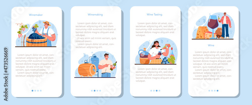 Wine maker mobile application banner set. Grape wine aging in a wood barrel