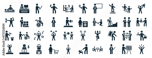 set of 40 filled humans web icons in glyph style such as office worker, fitness exercises, painter with paint bucket, showin, business meeting, first prize, feeding icons isolated on white