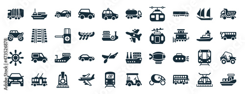 set of 40 filled transportation web icons in glyph style such as icebreaker ship, all terrain, ship helm, car frontal view, tugboat, haul, tanker icons isolated on white background