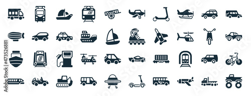 set of 40 filled transportation web icons in glyph style such as tram front view, zeppelin, boat front view, monorail, scooter front view, hearse, crop duster icons isolated on white background