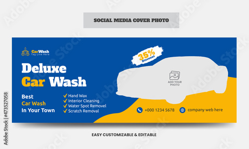 Car wash social media cover photo design template. Car washing service social media web banner