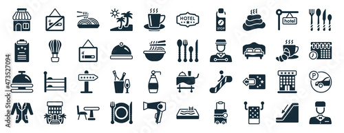 set of 40 filled hotel and restaurant web icons in glyph style such as no smoking, agenda, reception bell, suits, breakfast, eating utensils, five stars icons isolated on white background