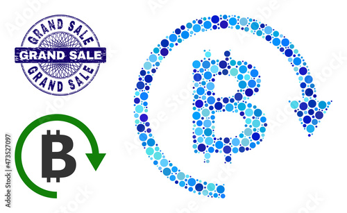 Circle collage bitcoin repay icon and GRAND SALE round textured stamp print. Blue stamp seal includes GRAND SALE text inside circle and guilloche style. Vector collage is based on bitcoin repay icon,