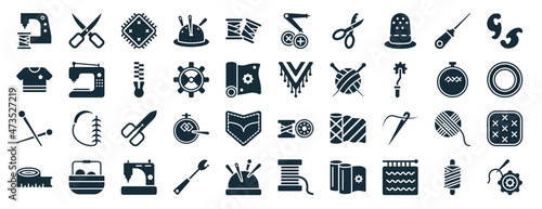 set of 40 filled sew web icons in glyph style such as sewing scissors, garment, pin sew, measuring, embroidery hoop, french curve, sewing craft icons isolated on white background