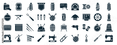 set of 40 filled sew web icons in glyph style such as leather, stitches, pins, sewing equipment, spokes, spool of thread, running stitch icons isolated on white background