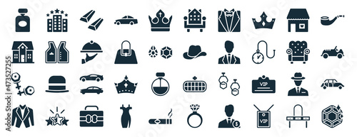 set of 40 filled luxury web icons in glyph style such as resort, cottage, cufflinks, suit, luxury armchair, smoke pipe, throne icons isolated on white background