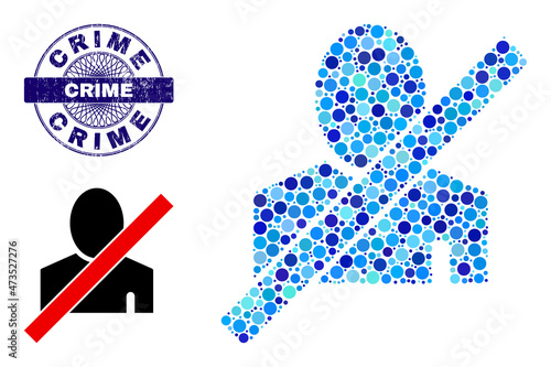 Circle mosaic blacklisted man icon and CRIME round unclean stamp. Blue stamp includes CRIME tag inside circle and guilloche ornament. Vector collage is based on blacklisted man icon,