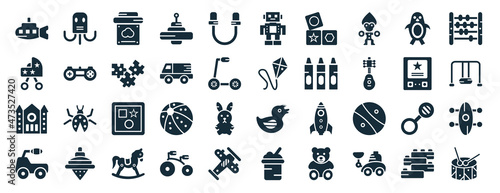 set of 40 filled toys web icons in glyph style such as octopus toy, pram toy, bouncy castle toy, ride on etch a sketch abacus robot icons isolated on white background