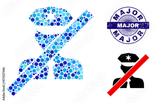 Round dot collage blacklisted policeman icon and MAJOR round rubber watermark. Blue stamp includes MAJOR tag inside circle and guilloche structure.