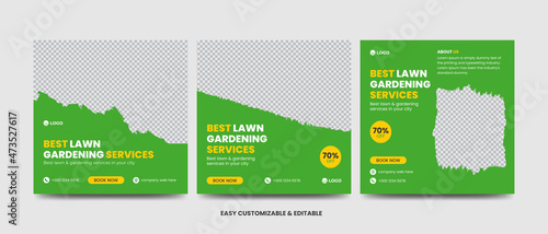 Lawnmower Promotion Social Media Post Banner Design Template Set. Mowing Service Social Media Ads Banner