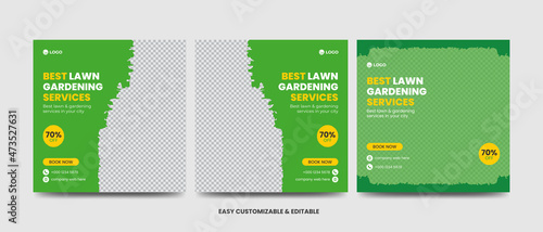Lawnmower Promotion Social Media Post Banner Design Template Set. Mowing Service Social Media Ads Banner