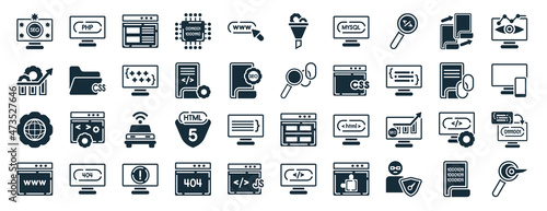 set of 40 filled programming web icons in glyph style such as php, seo growth, cyberspace, web page, broken link, seo monitoring, seo funnel icons isolated on white background