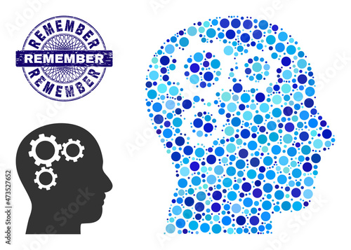Fototapeta Naklejka Na Ścianę i Meble -  Circle mosaic brain gears icon and REMEMBER round scratched stamp print. Blue stamp seal includes REMEMBER caption inside circle and guilloche structure. Vector mosaic is based on brain gears icon,
