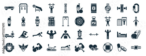 set of 40 filled gym and fitness web icons in glyph style such as rings exercises, protein shake, rowing hine, headgear, tightening bar, pulsometer, good diet icons isolated on white background