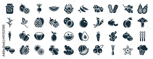 set of 40 filled fruits web icons in glyph style such as passion fruit, dill, carrot, hazelnut, peach, papaya, peas icons isolated on white background