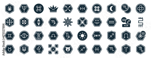 set of 40 filled zodiac web icons in glyph style such as neptune, soot, gemini, taurus, air, hypocrisy, gods omnipressence icons isolated on white background