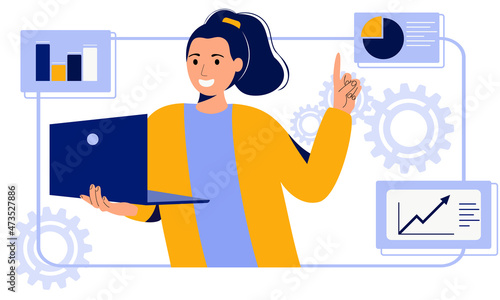 Woman works on her laptop and infographics in the background. Office worker. Blue, yellow. Isolated flat vector illustration.