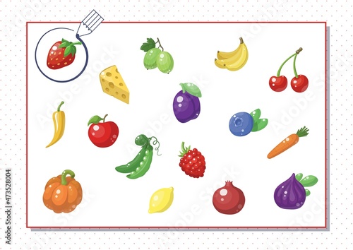 Circle red color. Kindergarten worksheet to help children strengthen his visual discrimination skills. Different food.