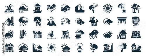 set of 40 filled meteorology web icons in glyph style such as foggy, humidity, weather, flooding house, icicle, broken roof, tsunami wave icons isolated on white background