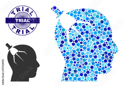 Rounded dot mosaic brain intruder icon and TRIAL round unclean stamp seal. Violet stamp includes TRIAL text inside circle and guilloche technique. Vector mosaic is based on brain intruder icon,