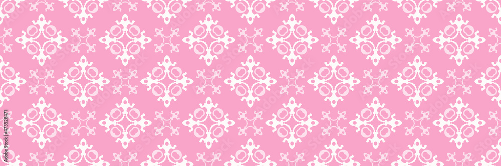 Colorful background pattern with white decorative ornaments on a pink background. Seamless wallpaper texture. Vector image