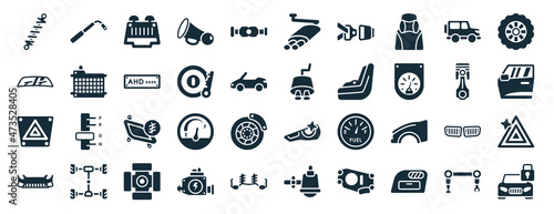set of 40 filled car parts web icons in glyph style such as car wheel brace, car windscreen, hazard lights, bumper, cylinder, tyre, exhaust icons isolated on white background
