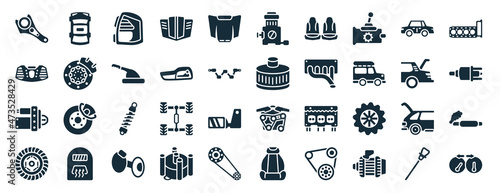 set of 40 filled car parts web icons in glyph style such as car roof, car fascia (british), starter, clutch, taiate, gasket, choke icons isolated on white background