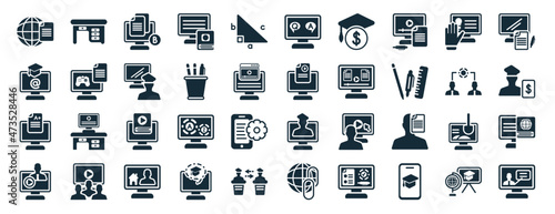 set of 40 filled e learning and education web icons in glyph style such as teacher desk, elearning, homework, lecture, sociology, blended learning, qa icons isolated on white background