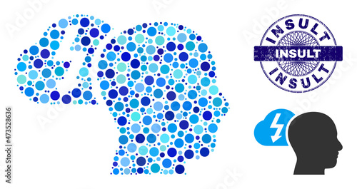 Circle mosaic brainstorming icon and INSULT round textured seal. Blue stamp seal includes INSULT caption inside circle and guilloche decoration. Vector mosaic is based on brainstorming icon,