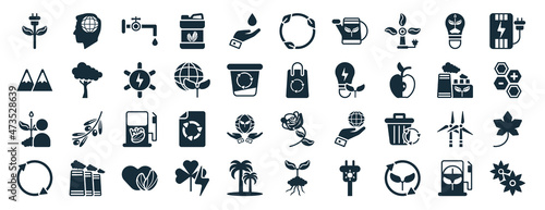 set of 40 filled ecology web icons in glyph style such as awareness, snowy mountains, eco volunteer, recycle arrows, eco factory, electric station, recycling icons isolated on white background
