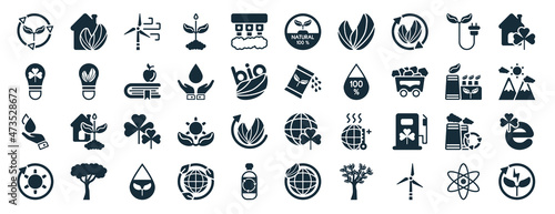 set of 40 filled ecology web icons in glyph style such as ecological house  save energy  raindrop on a hand  reload  sustainable factory  green home  100 percent natural icons isolated on white